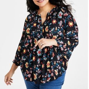 Plus Size Printed Pintuck Blouse Black Pearl